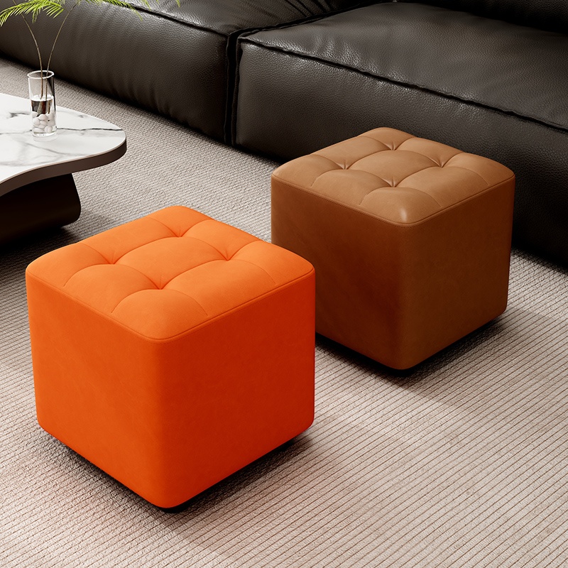 Simple Square Gray/Sepia/Green Solid Colour Decorative-stitched Pu Leather Standard Ottoman/Cube Ottoman