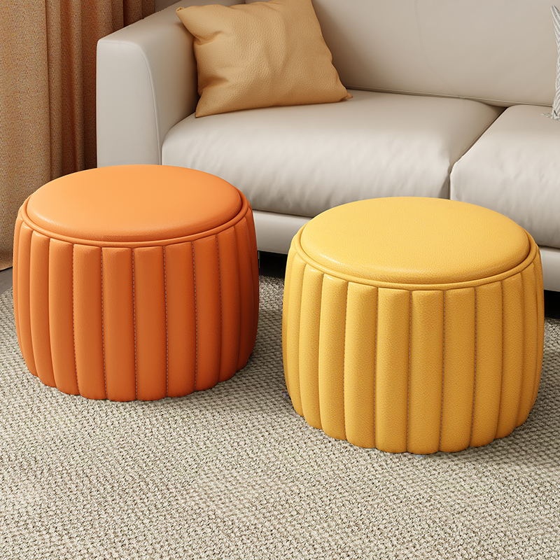 Casual Rounded Solid Colour Standard Ottoman in Dark Blue/Tangerine Colour/Beige Artificial Leather