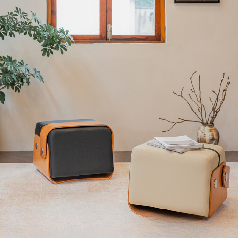 Modern Simple Style Rectangular Solid Colour Standard Ottoman in Midnight Black/Beige Artificial Leather