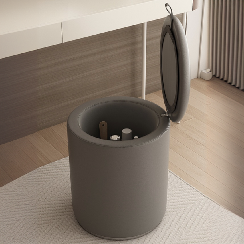 Contemporary Rounded Solid Colour Storage Ottoman in Leatherette with Dove Grey/Cocoa/Beige Upholstery and Stockroom Storage