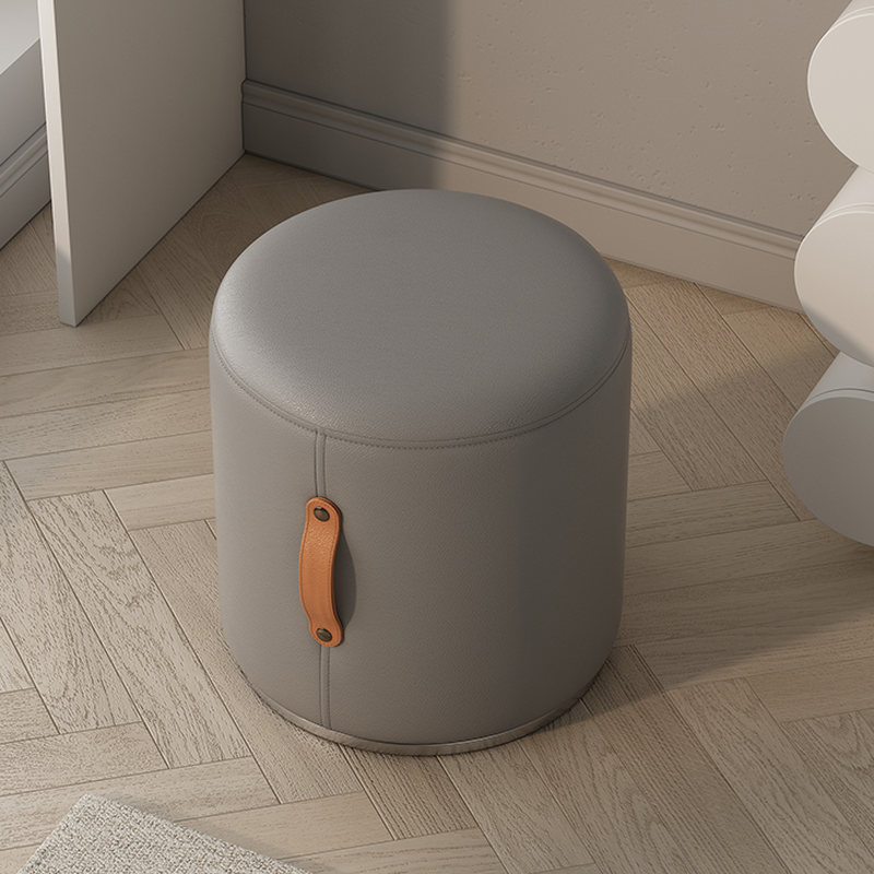 Contemporary Rounded Solid Colour Standard Ottoman in Leatherette with Dove Grey/Light Brown/Beige Upholstery