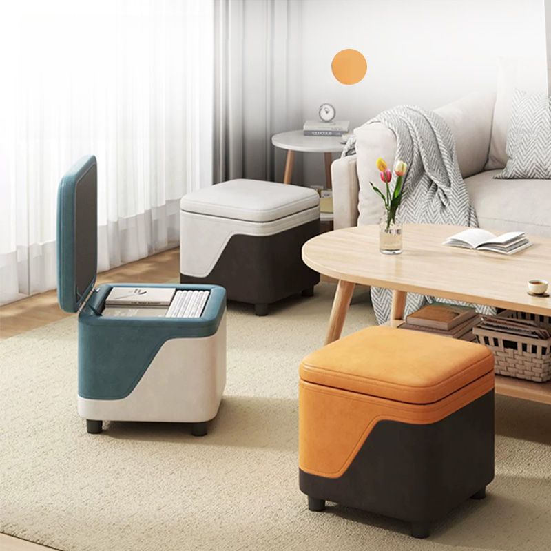 Contemporary Square Solid Colour Storage Ottoman in Dove Grey/Chalk/Citrus Colour with Stockroom and Wood Frame