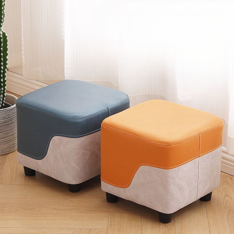 Contemporary Square Solid Colour Cube Ottoman in Dove Grey/Chalk/Citrus Colour with Natural Wood Frame
