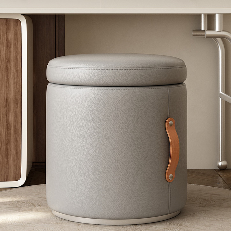 Contemporary Rounded Solid Colour Storage Ottoman in Leatherette with Dove Grey/Citrus Colour/Beige Upholstery and Stockroom Storage