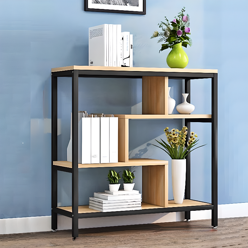 Natural Finish Casual Cabinet Shelf with Steel Frame, Unattached Solid Shelves