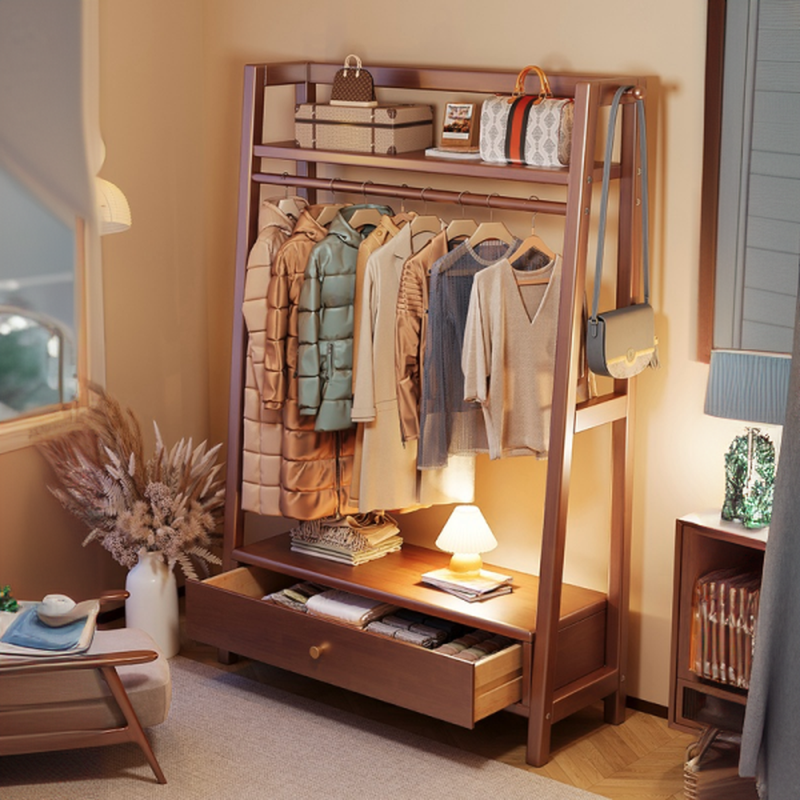 Modern Simple Style Coat Rack with 1 Drawer, Solid+Manufactured Wood Frame, Open-air Storage, Wood Bench, and Wood Hook
