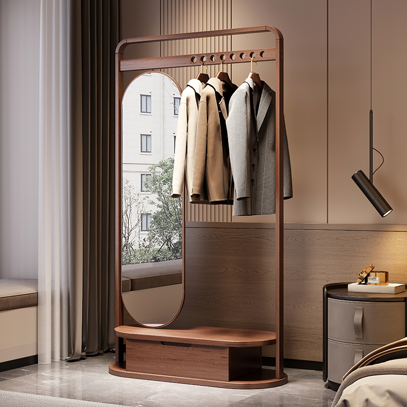 Modish Hall Rack with Container Storage, 1 Drawer, 2 Shelves, Natural Wood Frame, and Mirror