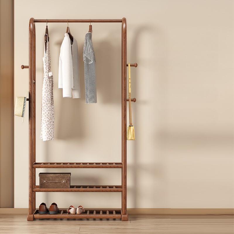 Light Brown Modish Free Standing Hall Rack with 3 Shelves, Rubberwood Frame, Open-air Storage, and Natural Wood Hook