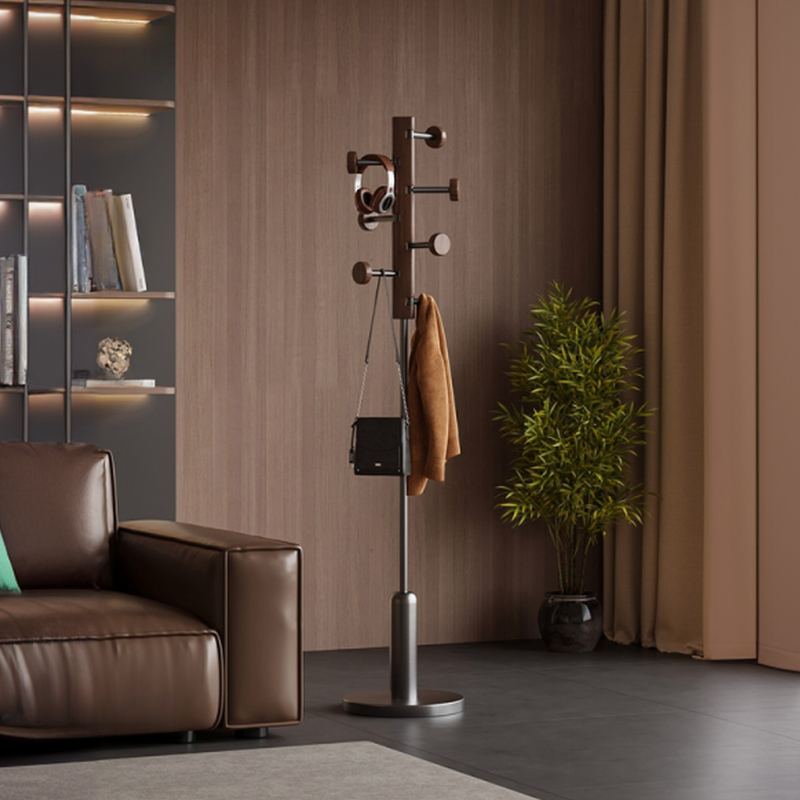 Midnight Black/Sepia/Wood Grain Modern Simple Style Hall Rack with Walnut Wood Hook
