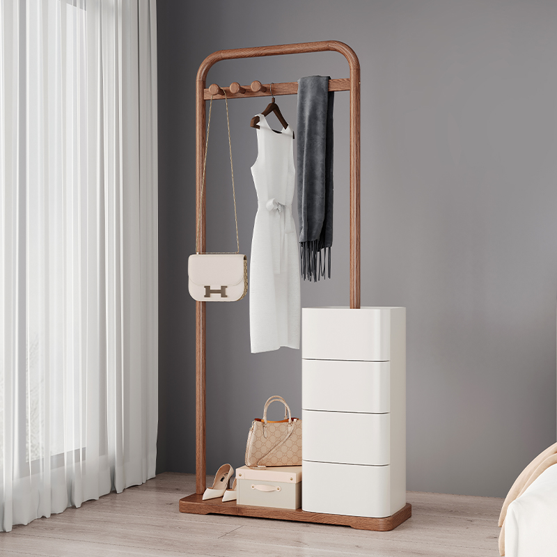 Modish Hall Rack with Container Storage, 4 Drawers, 1 Shelf, Natural Wood Frame, and Wood Hook