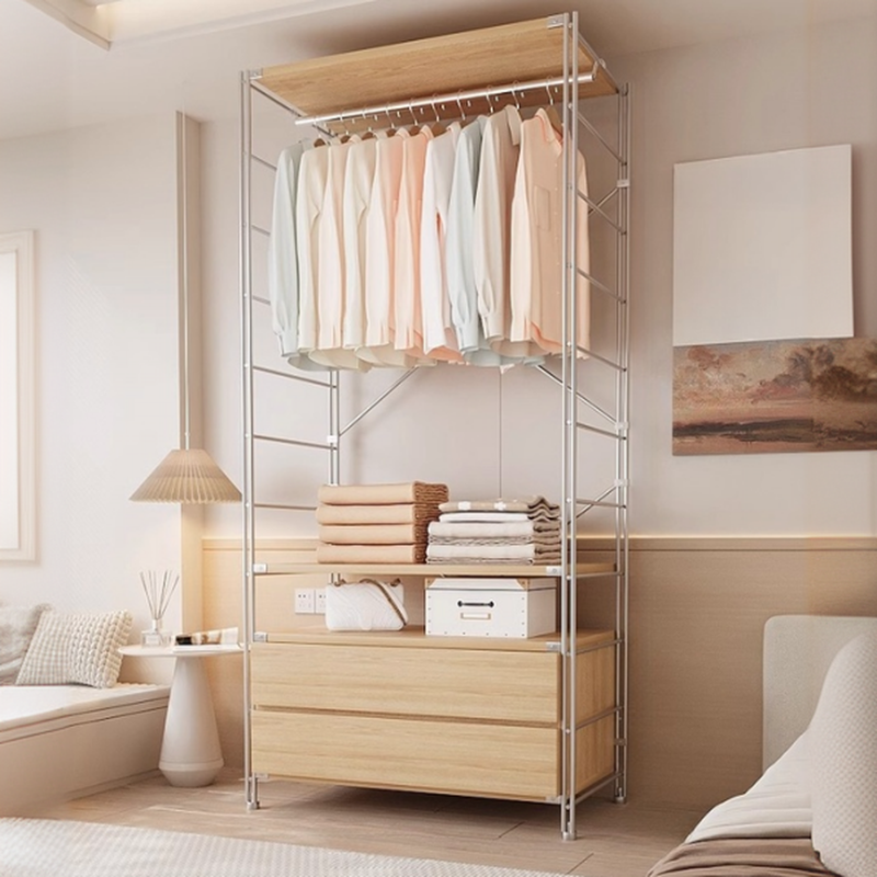 Wood Grain Simplistic Hall Tree with Stockroom, 2 Drawers, 2/3 Shelves, and Metal Frame