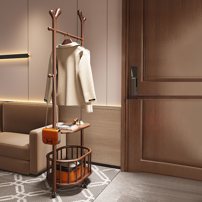 Light Brown Simplistic Free Standing Hall Tree with 2 Shelves, Natural Wood Frame, Open-air Storage, and Wood Hook