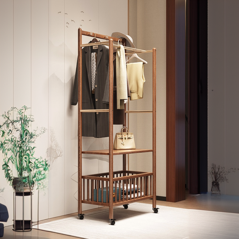 Sepia Minimalist Coat Rack with Natural Wood Frame, Open-air Storage, 1 Basket, and Metal Hook