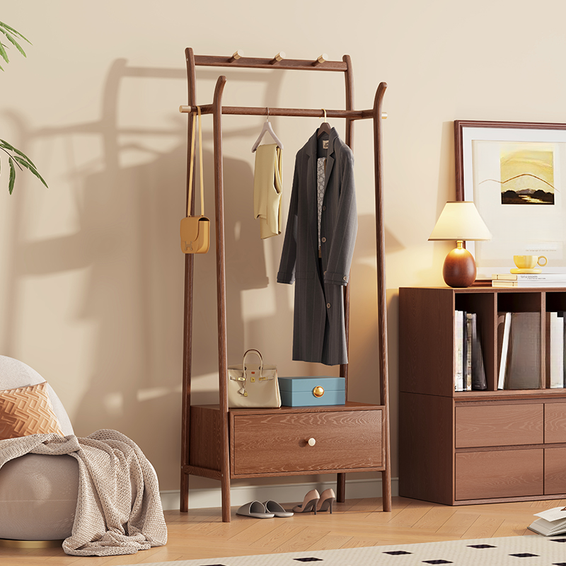 Sepia Minimalist Free Standing Coat Rack with Stockroom, 1 Drawer, Natural Wood Frame, and Wood Bench