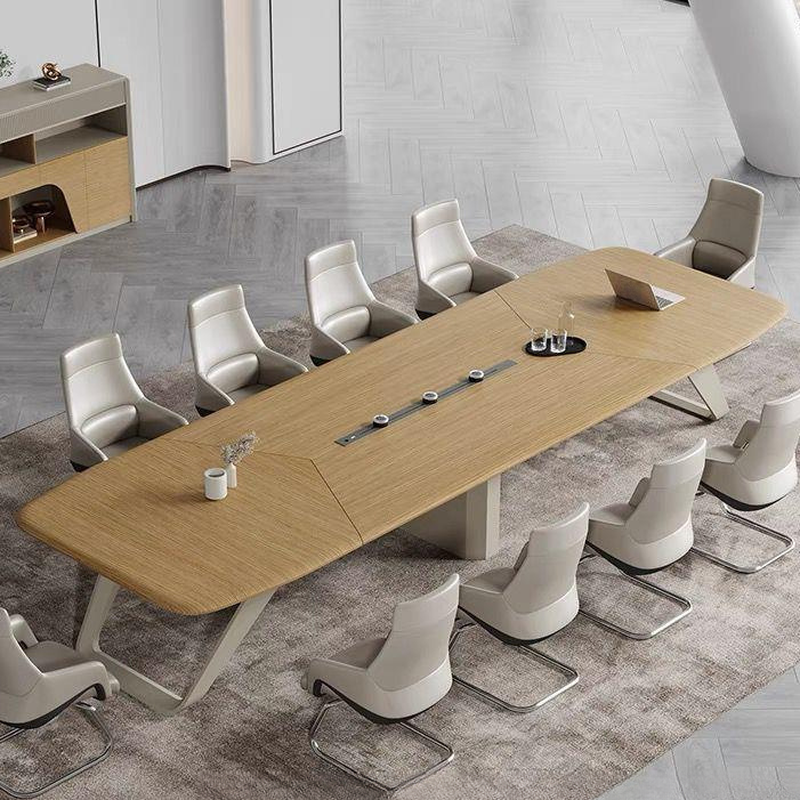 Wood Colour Art Deco Boat Shaped Conference Table for Seats 12+/10 People with Engineered Wood Tabletop