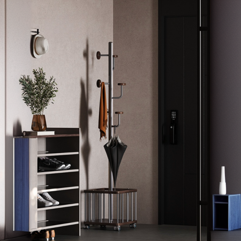 Ink Modish Hall Rack with 1 Shelf, Stainless Alloy Frame, Open-air Storage, and Metal Hook