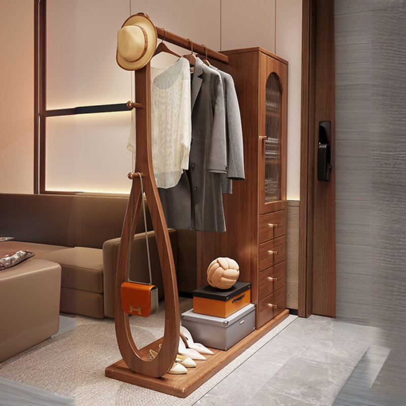 Modish Hall Rack with 4 Drawers, Cupboard, 3 Shelves, Rubberwood Frame, and Wood Hook