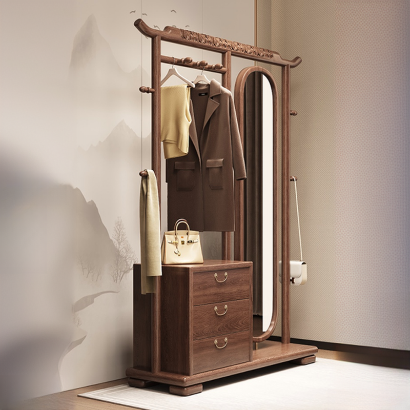 Simplistic Hall Tree with Stockroom, 3 Drawers, 1 Shelf, Natural Wood Frame, Mirroring, and Wood Hook