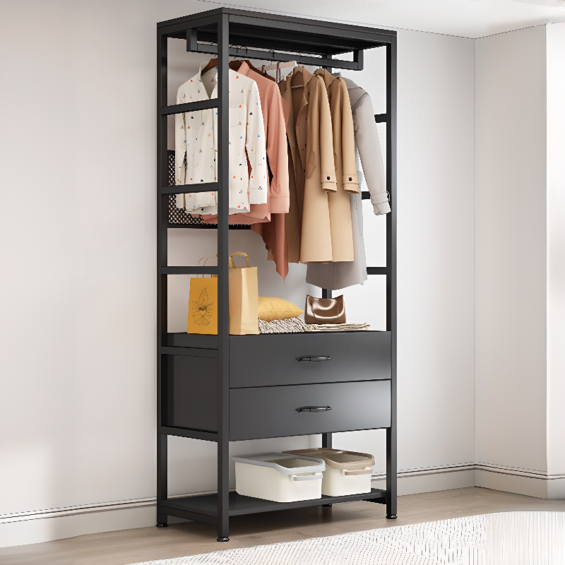 Midnight Black Simplistic Hall Tree with Stockroom, Steel Frame, and Wood Bench