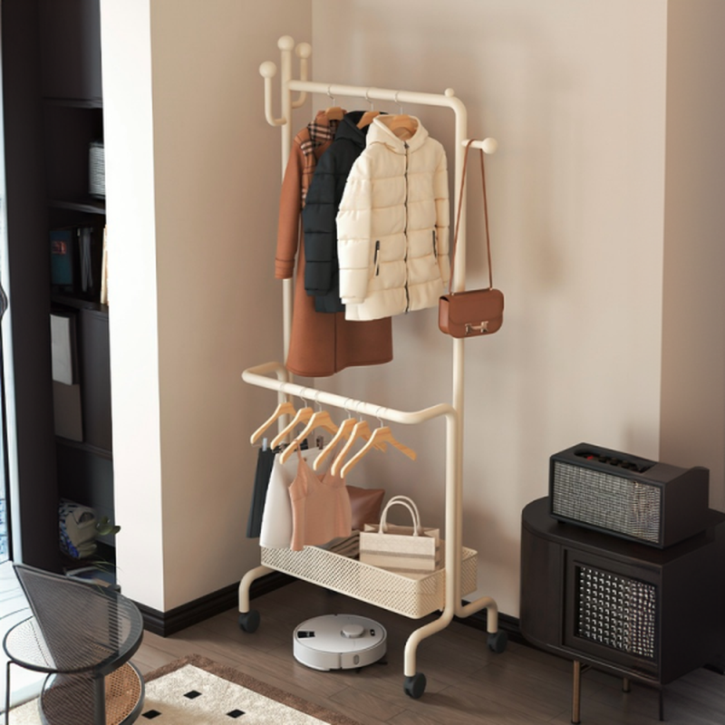 White Modish Hall Rack with 1 Shelf, Alloy Frame, Open-air Storage, 1 Basket, and Metal Hook