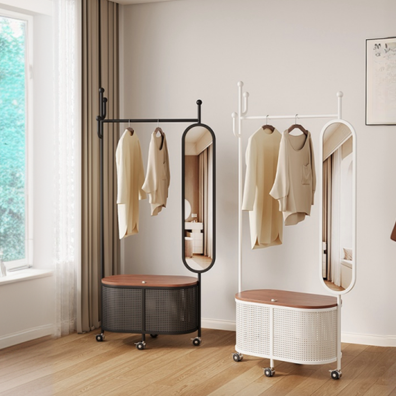 Minimalist Free Standing Steel Coat Rack with Stockroom, 1 Shelf, 1 Basket, and Metal Hook