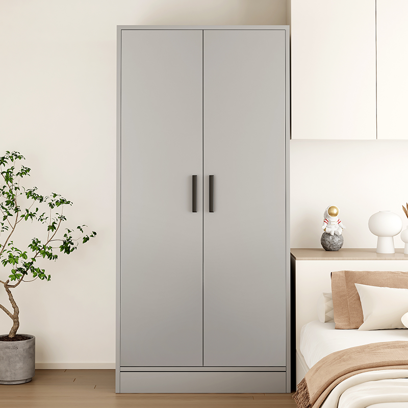 Light Gray Simple Wooden Self-supporting Wardrobe with Soft Close Door, Interior Shelves, and Hanging Rod