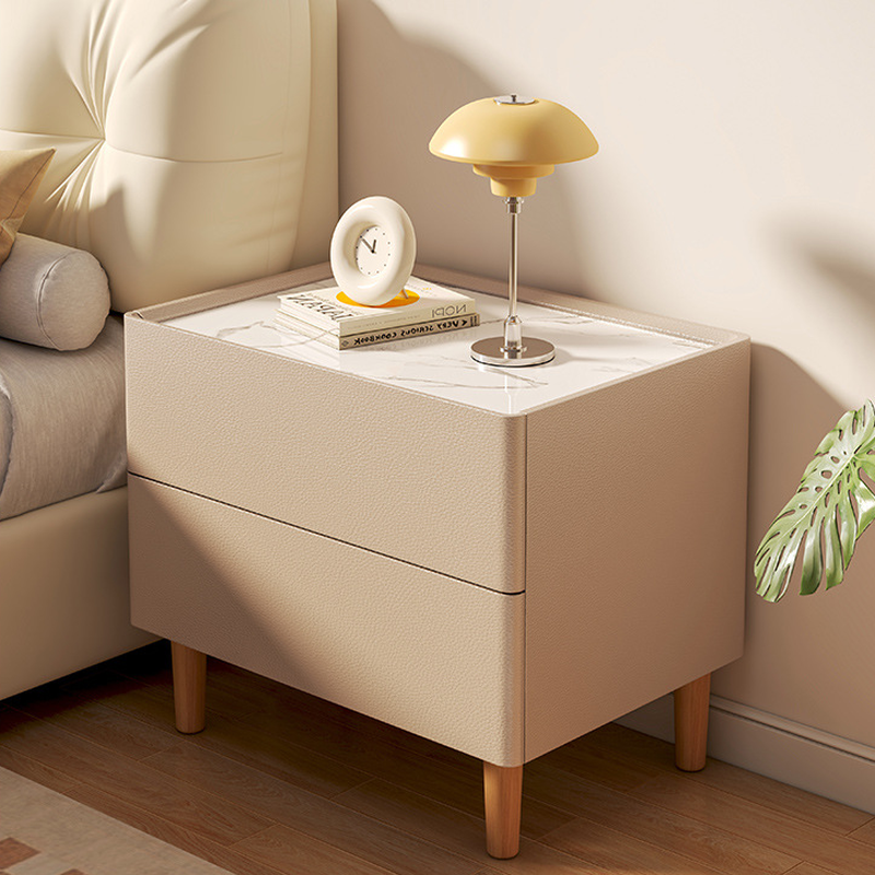 Modish Drawer Storage Bedside Table with 2 Drawers, Stone Countertop, and Leg