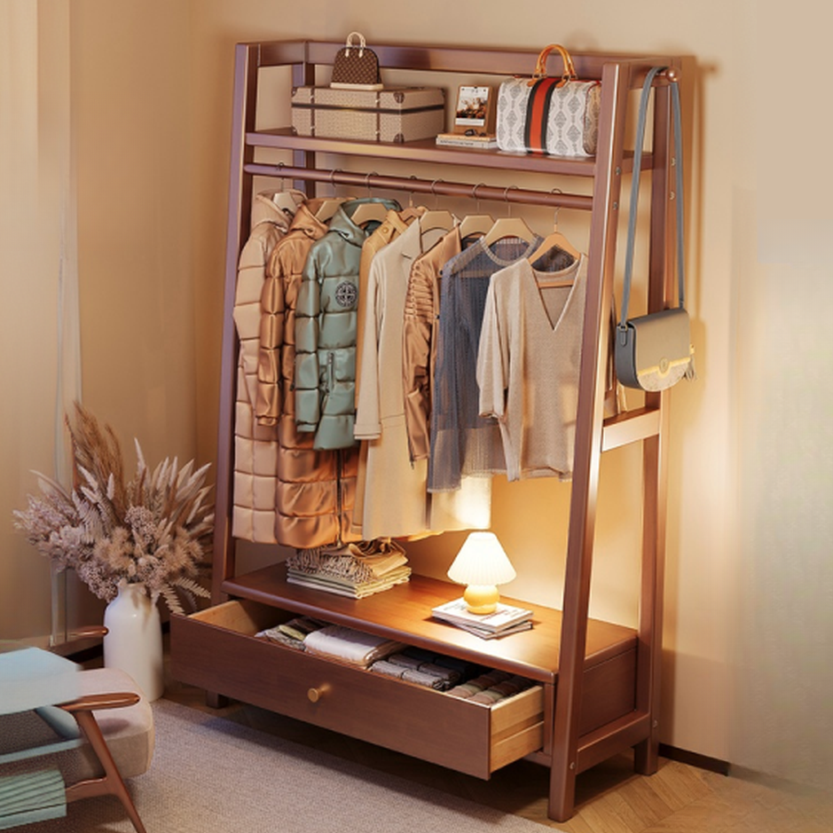 Modish Free Standing Hall Rack with Container Storage, 2 Shelves, Solid+Manufactured Wood Frame, and Wood Hook