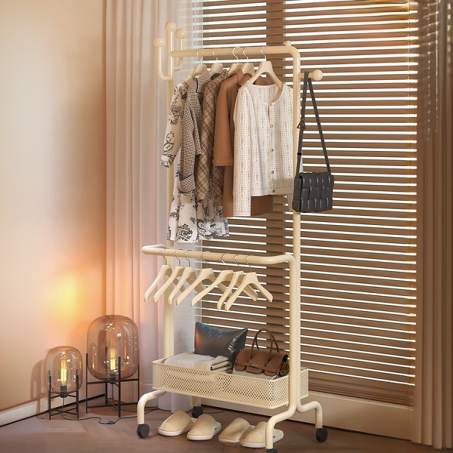 Minimalist/Art Deco Coat Rack with Stockroom Storage, 1 Shelf, Alloy Frame, 1 Basket, and Metal Hook