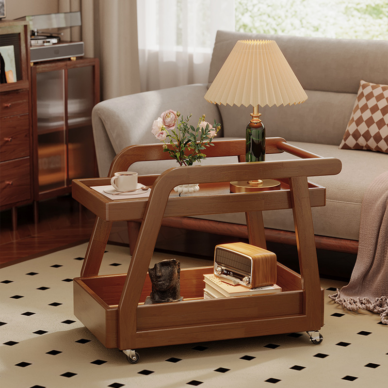 Natural Finish Rubberwood Swivel Chairside Table with Portable Wheels