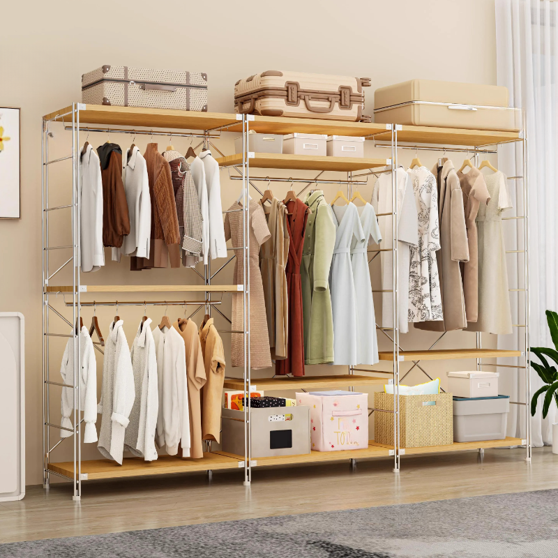 Wood Grain Simplistic Hall Tree with Stockroom, 2 Shelves, and Metal Frame