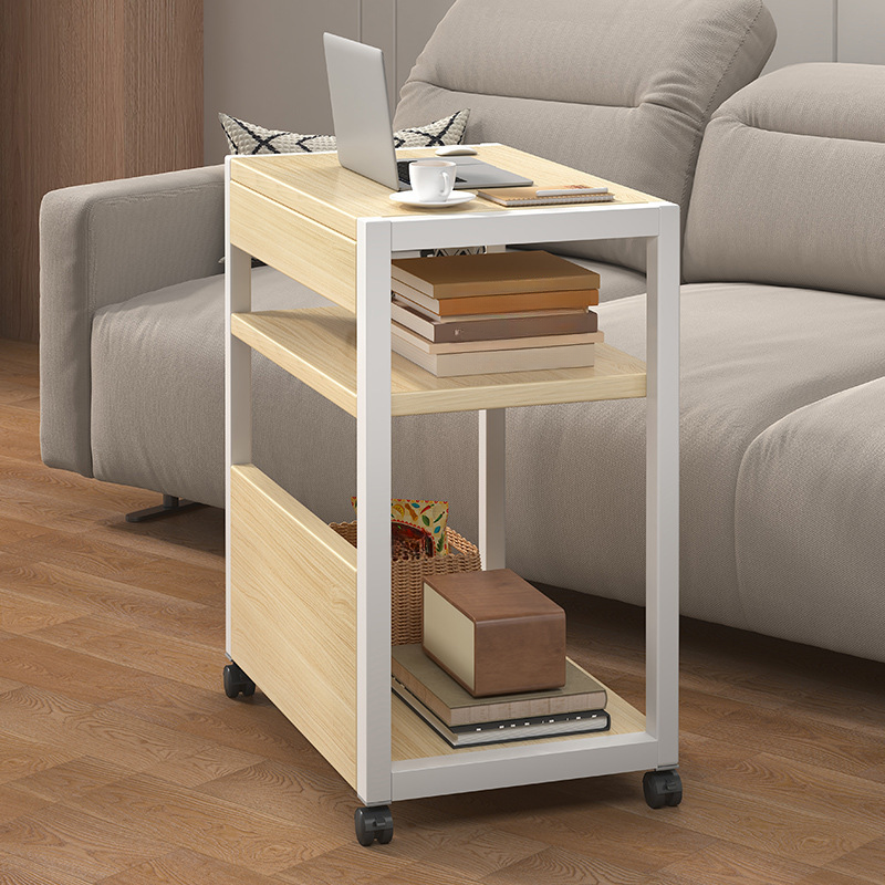 Composite Wood Swivel Chairside Table with Portable Wheels and 3 Shelves