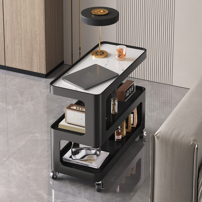 Portable Swivel Wheel Chairside Table with Rectangle Tray Top and 2 Shelves