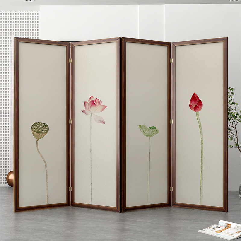 Unfixed Double Sided Print Gauze Translucent Space-saving/Single Panel Room Divider Wall with Brown Frame and 2 Panels/1 Panel/4 Panels