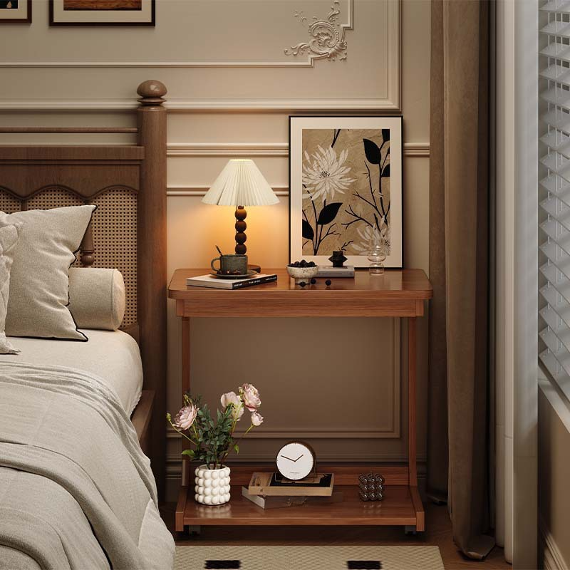 C-shape Chairside Table in Natural Finish with Swivel, Portable Wheels, Trunk Storage, and Tilt