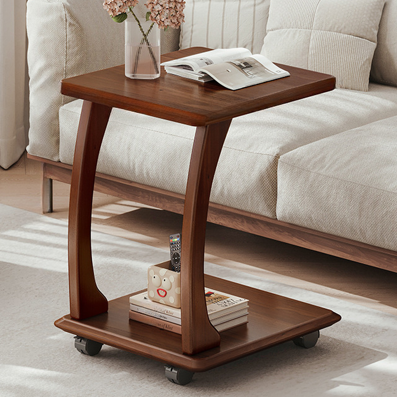 C-shape Rubberwood Chairside Table in Natural Finish with Swivel and Portable Wheels
