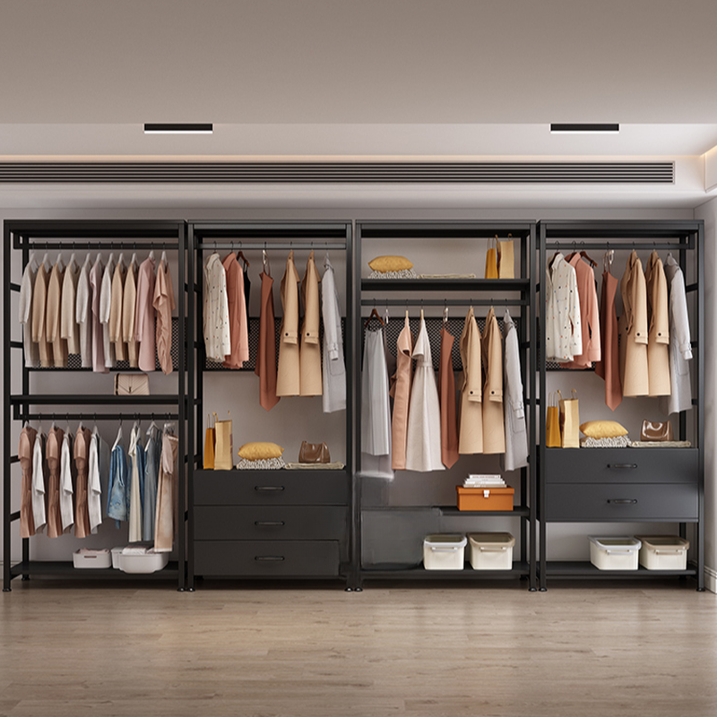 Midnight Black Modern Simple Style Hall Rack with Locker, 4/3/2 Drawers, 1/2 Shelves, Metal Frame, and Manufactured Wood Bench