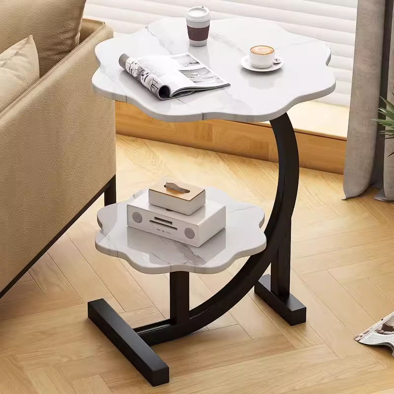 Modern Simple Style Chairside Table Only with Abstract Base, Composite Wood Asymmetrical Top, and Shelf