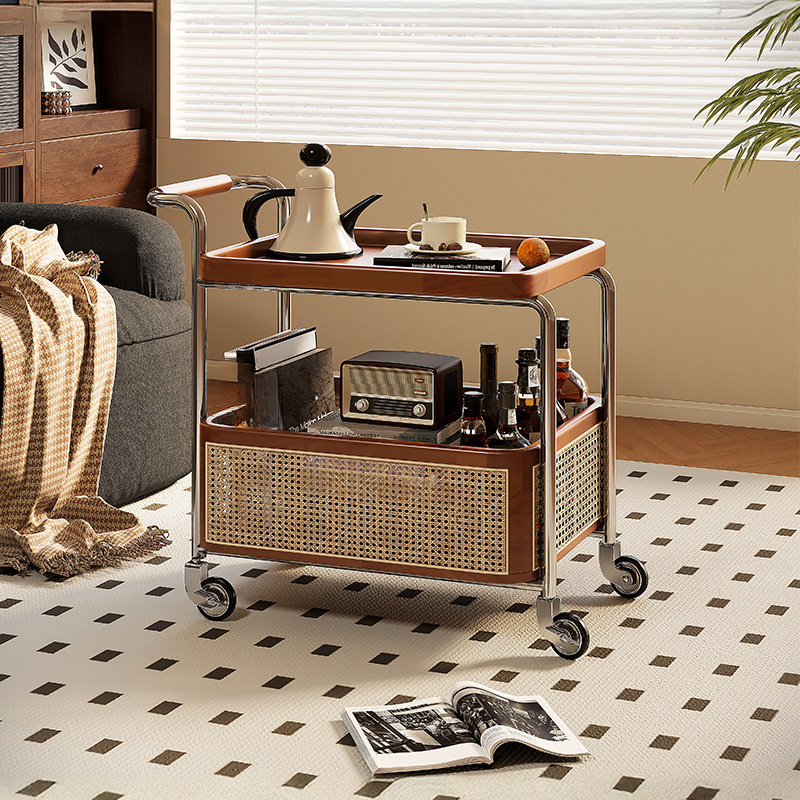 Rubberwood Swivel Chairside Table with Portable Wheels