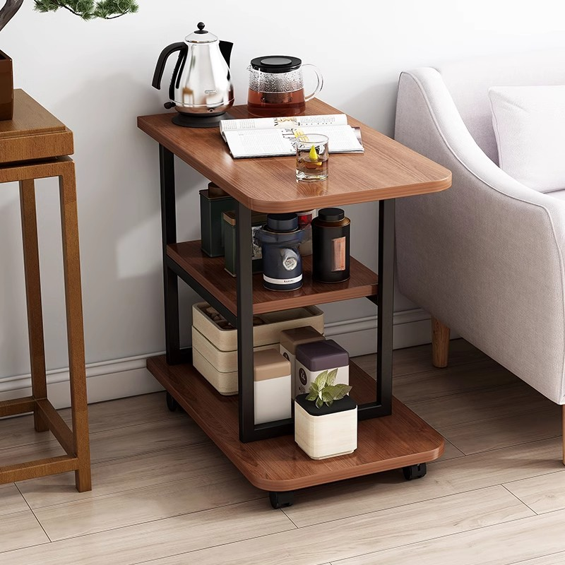 Natural Finish Chairside Table with Swivel and Portable Wheels