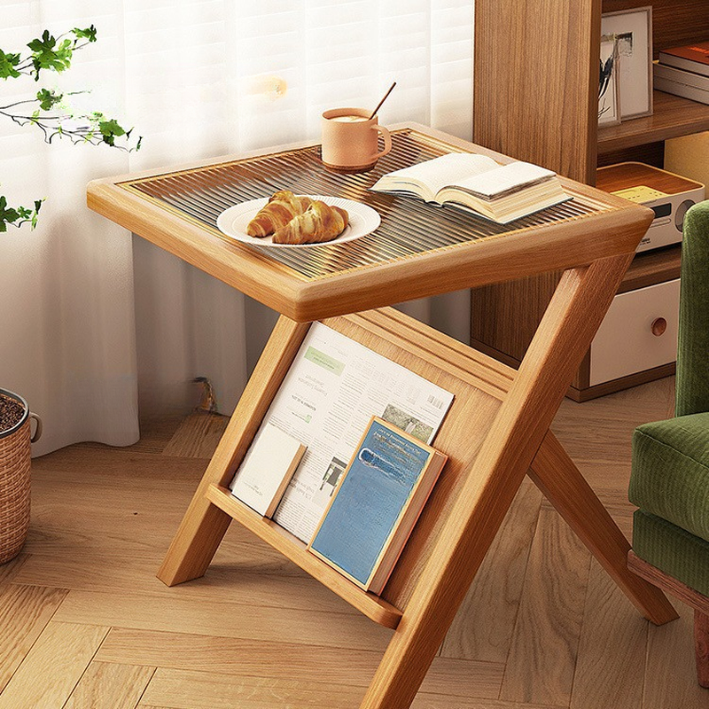 Modern Simple Style Glass Chairside Table with 4 Legs in Natural Finish Rectangle/Square with Shelf and Magazine Rack