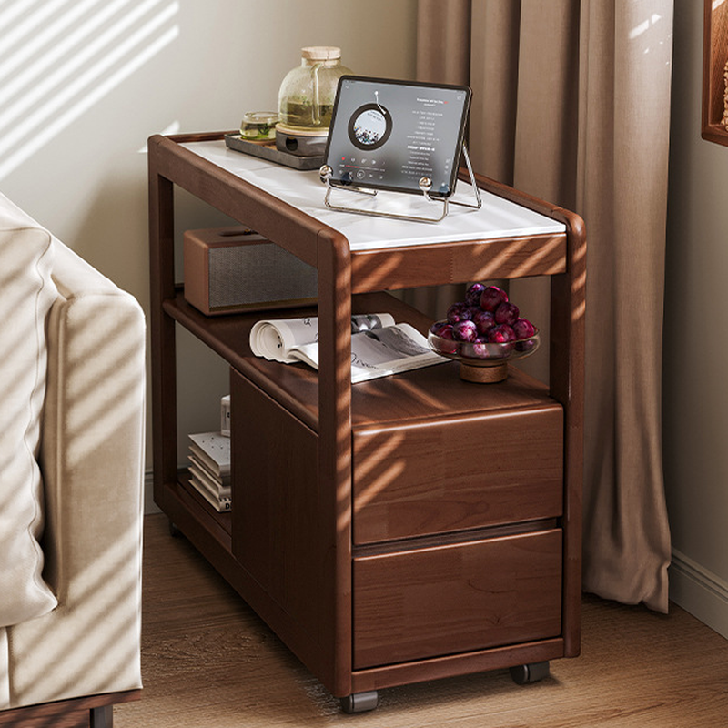 Versatile Chairside Table with Wheel Base, Swivel, and Portable Design Featuring Rectangle Top, 2 Drawers, and 2 Shelves