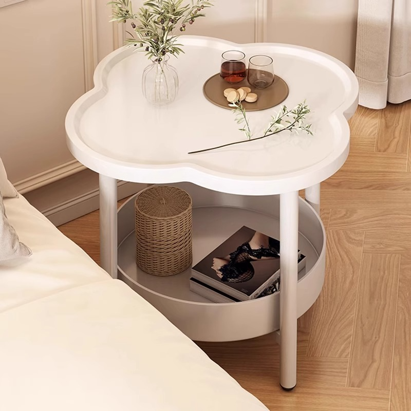 Modern Simple Style Chairside Table with 4 Legs, Composite Wood, White/Caramel Asymmetrical Tray Top Shelf