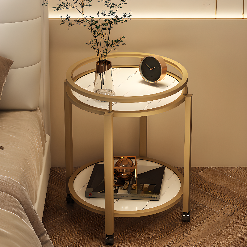 Casual Chalk Orbicular Sintered Stone Chairside Table with Shelf, Swivel Wheels Included/Not Included