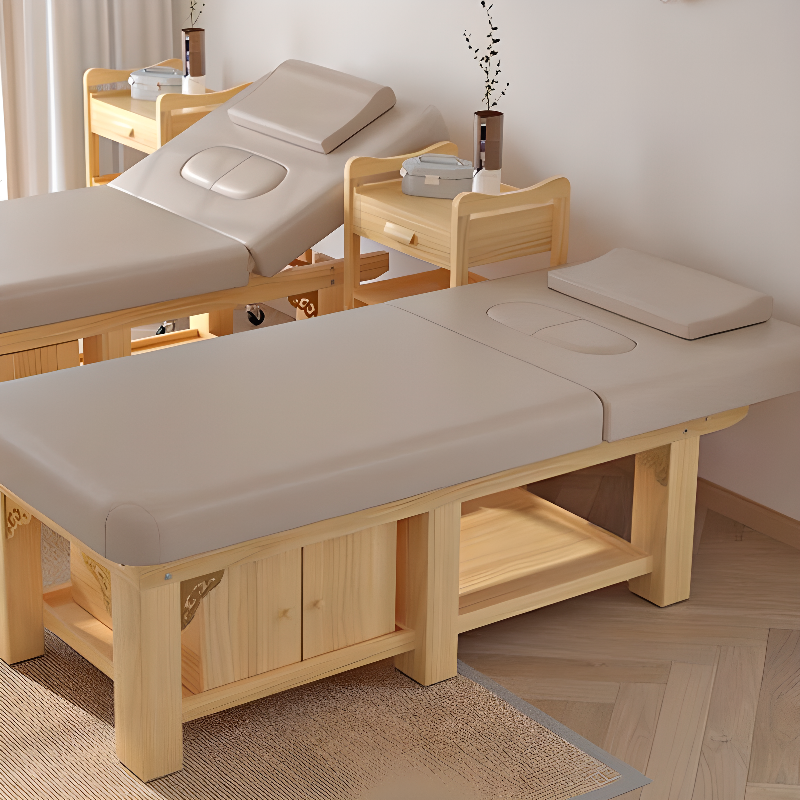 Fixed Height Facial Bed with Timber Base, Rectangle Top, and Trestle Base
