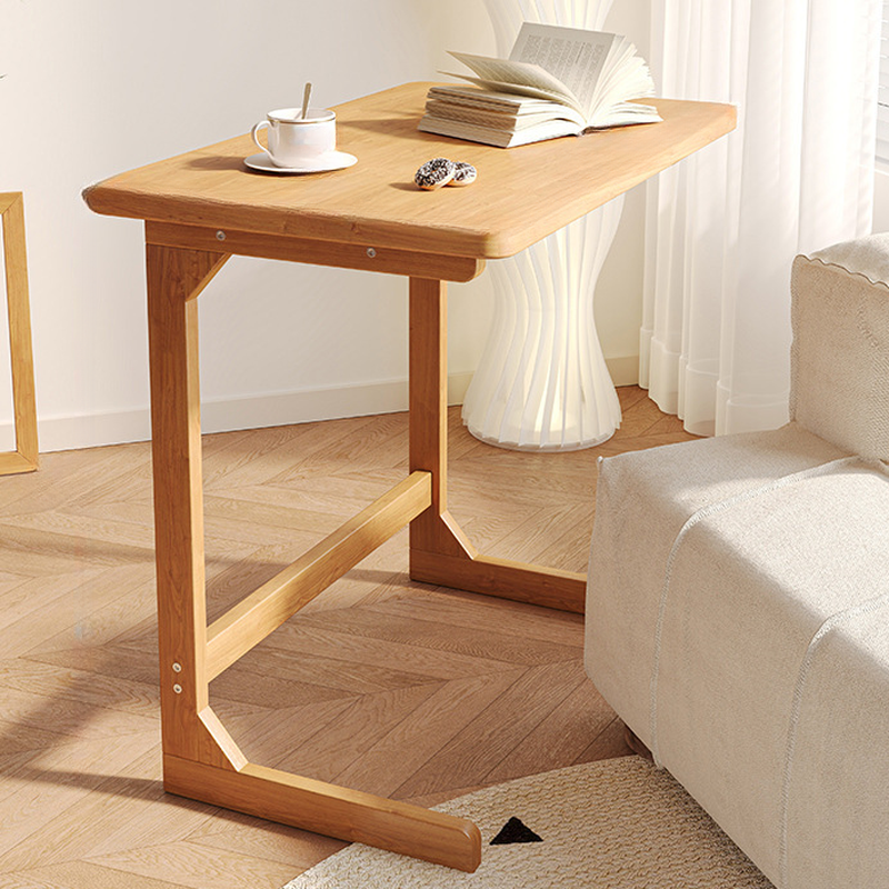 Modern Simple Style Chairside Table Only with Natural Wood Trestle Base, Cocoa/Natural Finish Rectangle