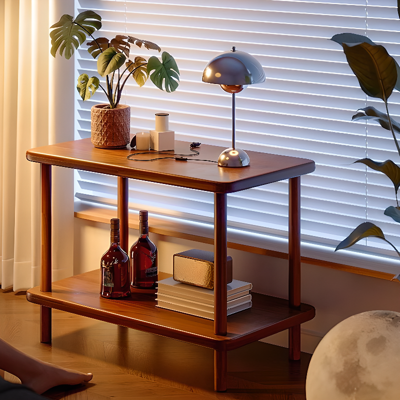 Modern Simple Style Rectangular/Square Chairside Table Only with Sepia/Natural Finish Natural Wood and 4 Legs Shelf