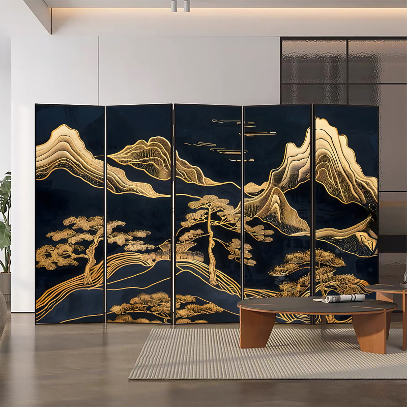 Room Divider in Black with Opaque Compact Metal Frame, 5 Panels/4 Panels, Double Sided Print, and Detached Design