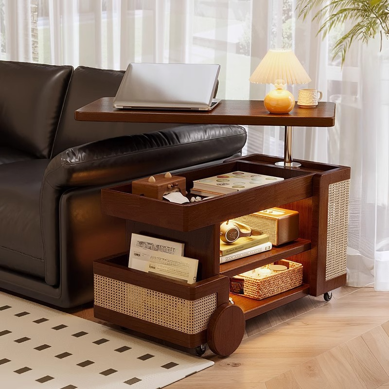 Multi-levelled Wheeled Midnight Black/White/Brown Rectangle Sintered Stone/Lumber Chairside Table with Wheel Base and Shelf