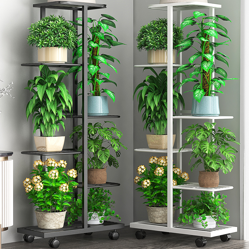 Minimalist Multi-Tiered Metal Rectangle Flower Rack with Rollers and 8 Shelves/7 Shelves/6 Shelves